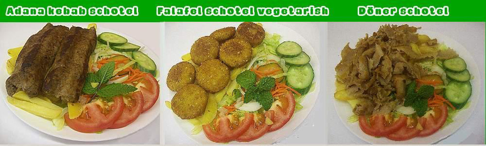 Adana kebab schotel, falafel schotel vegetarish, döner Schotel